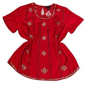 Ashley Stewart Sheer Sequin Embellished Short SleeveTunic Top 14-16 Red #194B
